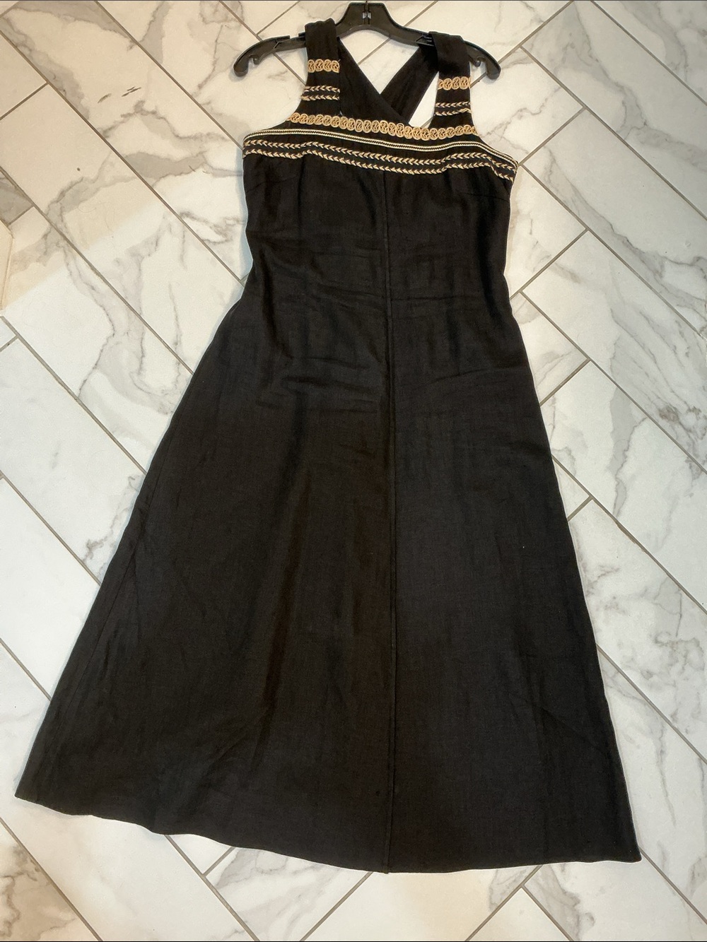 Black Midi Dress with Gold Trim Cross-Back